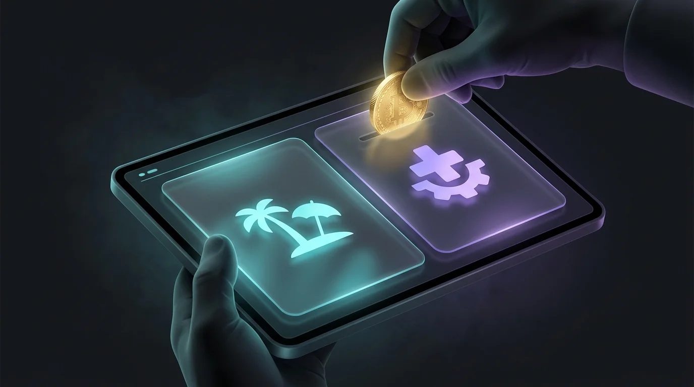 Hand placing a coin into a digital banking app showing goal-based savings buckets for vacation and emergency funds.