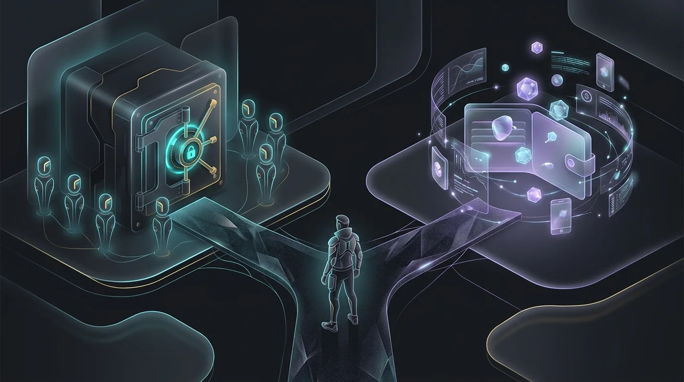 Person choosing between a secure regulated exchange vault and a self-managed digital wallet for blockchain investing.