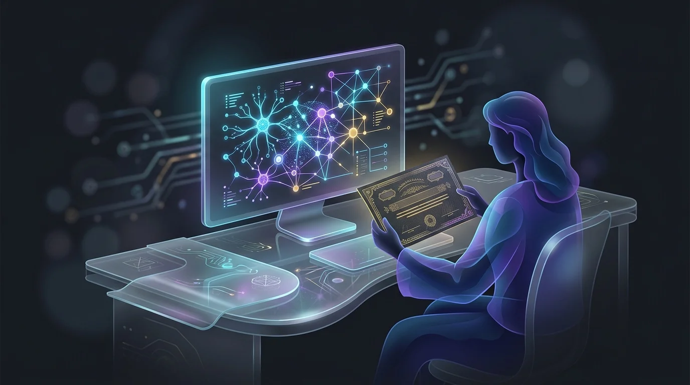 Investor reviewing a digital blockchain network and stock certificate to research developer-focused funds.