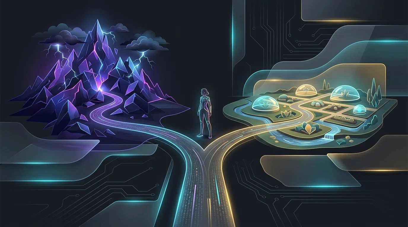 Person at a fork choosing between a jagged mountain path and a stable garden for blockchain investment risk management.