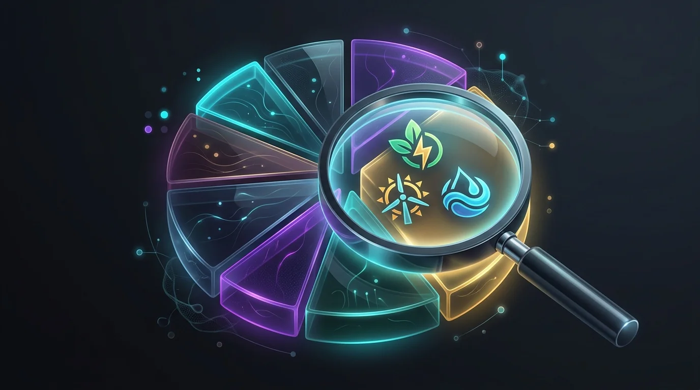 Magnifying glass examining green energy company logos within a diverse financial portfolio pie chart.