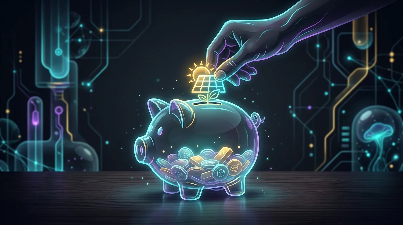Hand placing a solar panel icon into a glass piggy bank to represent investing in green bonds for renewable projects.