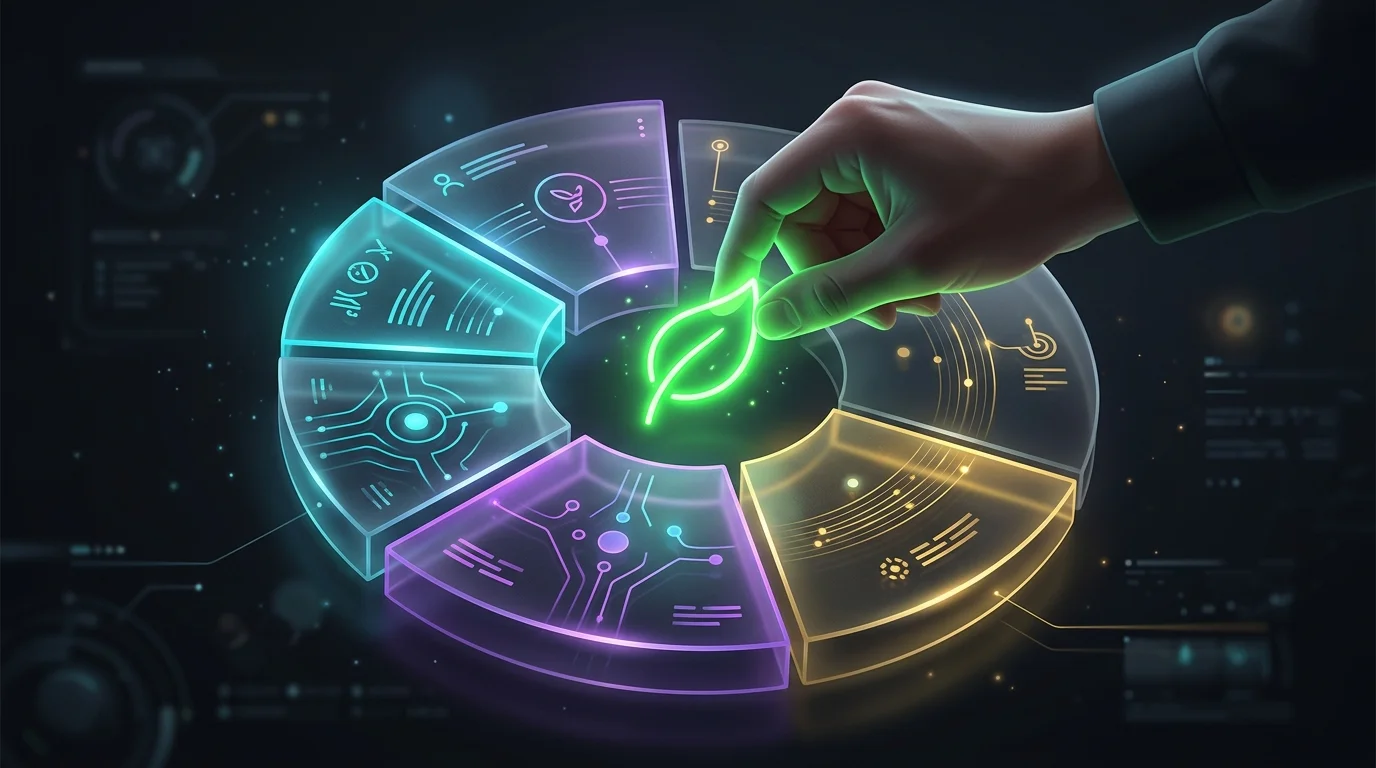 Hand placing a glowing green leaf icon into a circular investment portfolio chart for green energy investing.