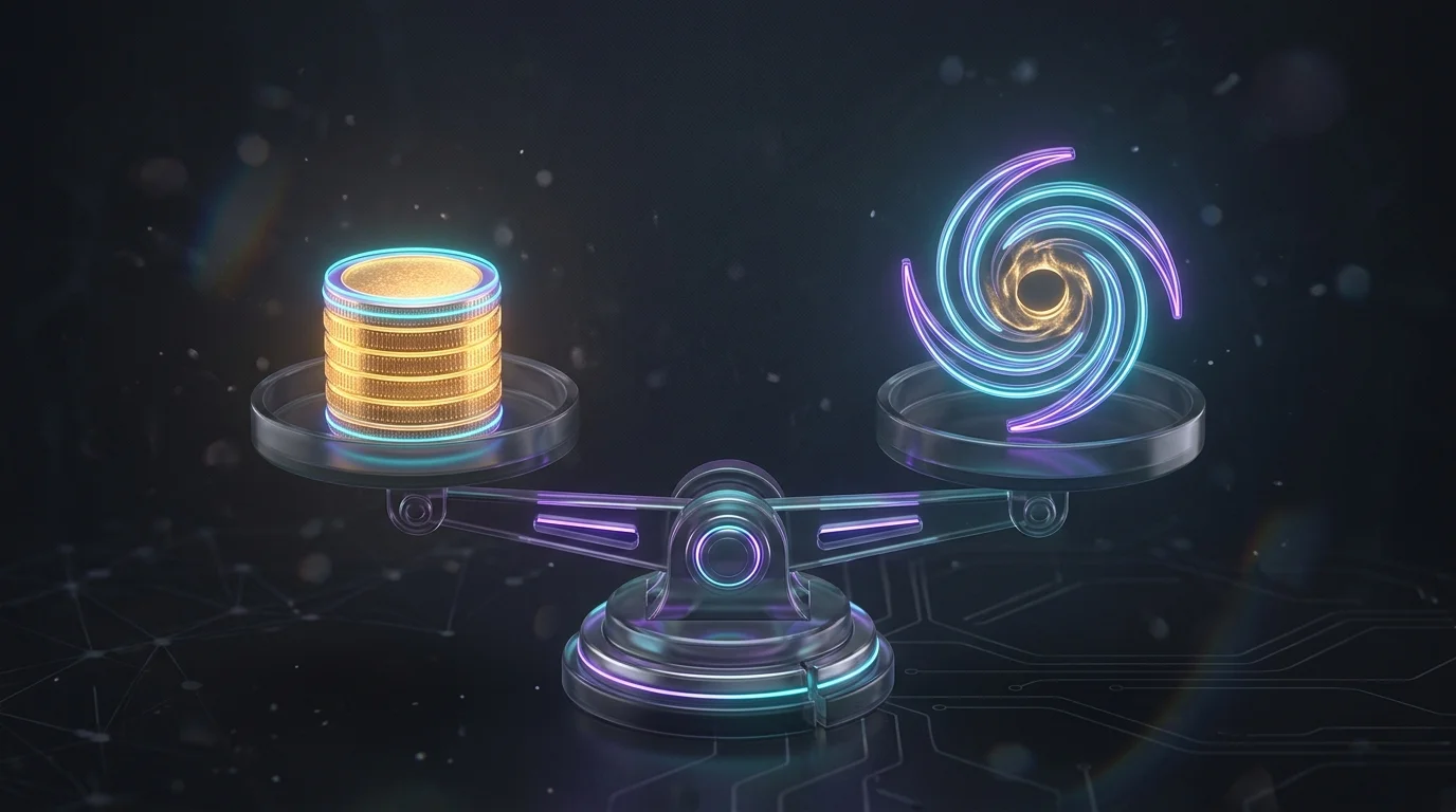 Scale balancing gold coins against a hurricane icon to represent parametric insurance pricing models.