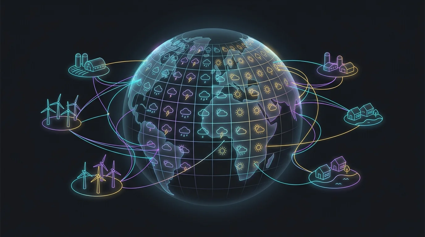 Digital globe showing parametric insurance data streams connecting farms and infrastructure for weather risk coverage.