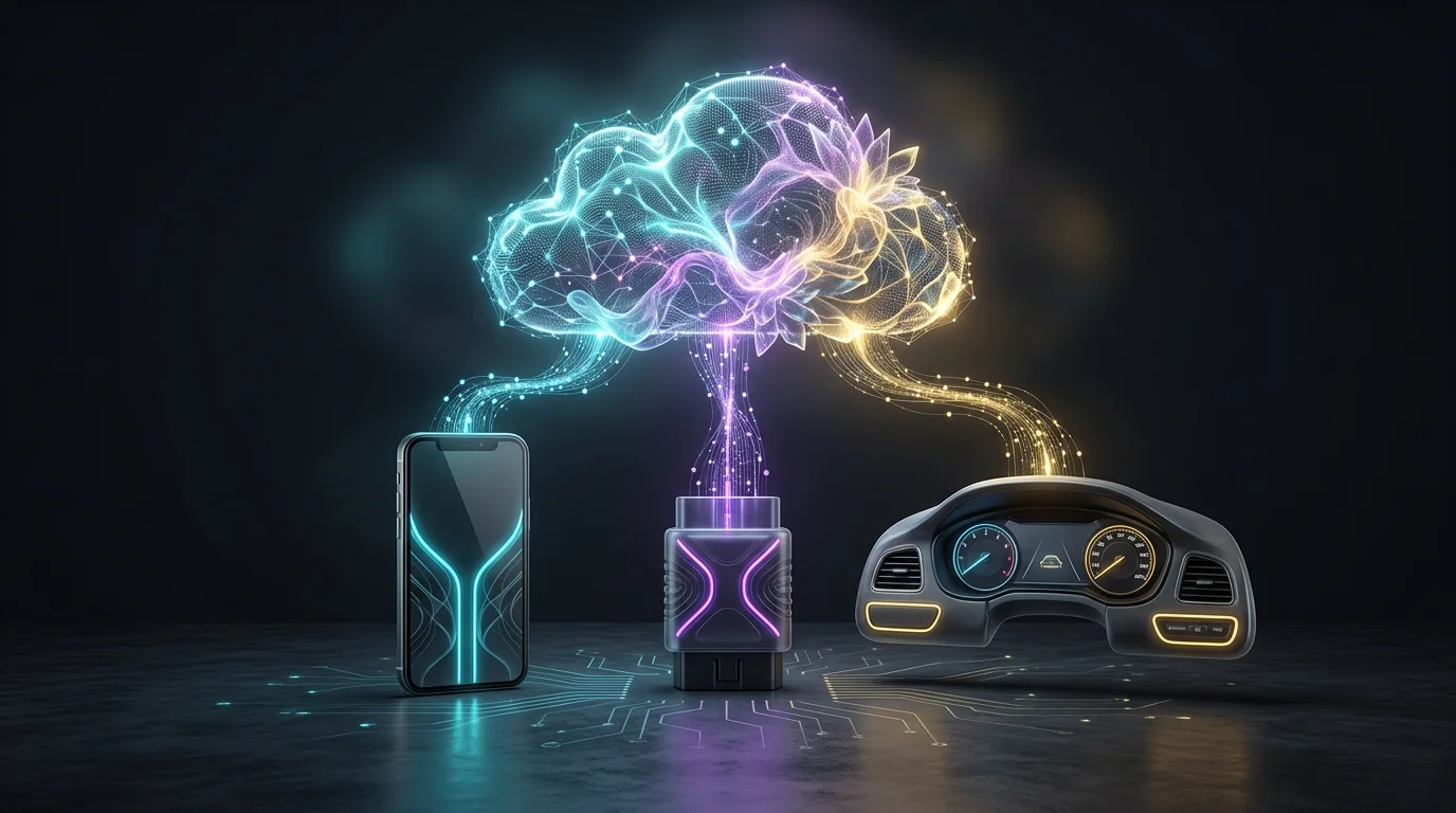 Smartphone and OBD-II device connecting car data to a digital cloud for usage-based insurance evaluation.