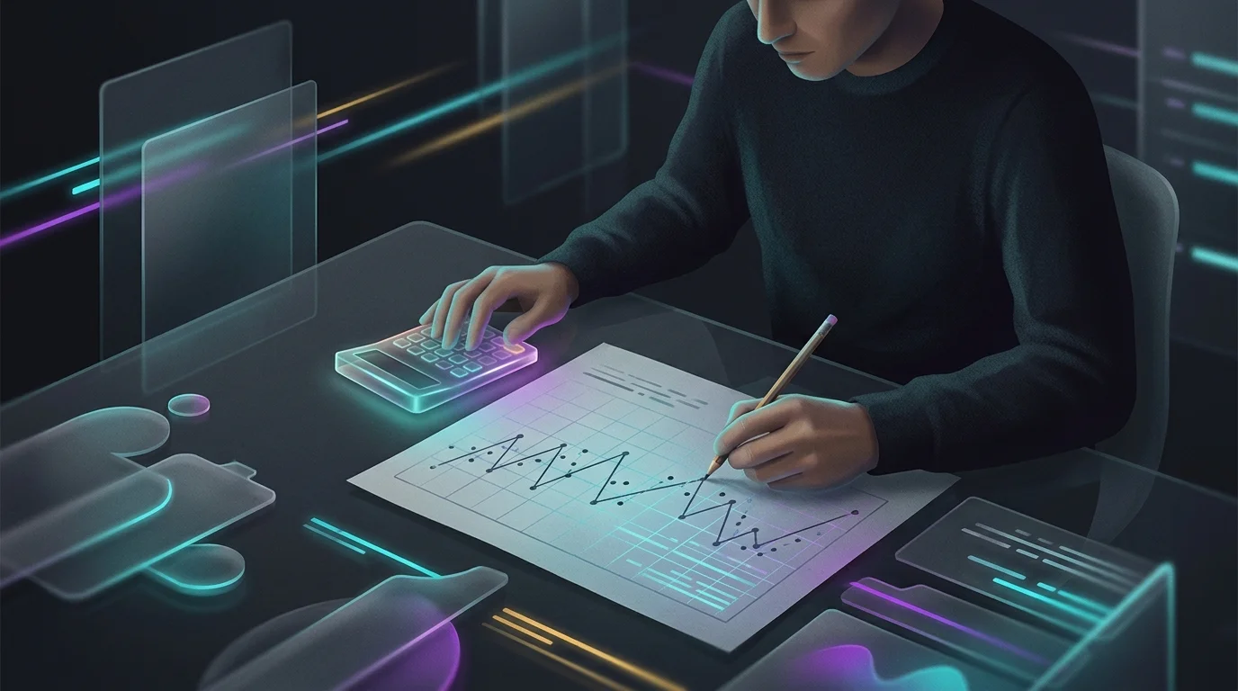 Person manually back-testing stock data with a calculator to validate an AI investment strategy.