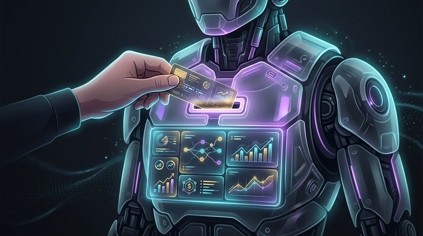 Hand inserting a data card into a robot to generate an automated AI investment signal and trade recommendation.