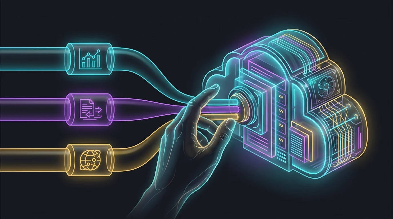 Hand connecting stock, fundamental, and macro data feeds into a cloud server for AI investment analysis.