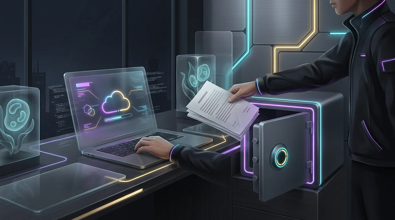 Person securing a climate risk insurance policy by filing physical documents in a safe and saving digital copies online.