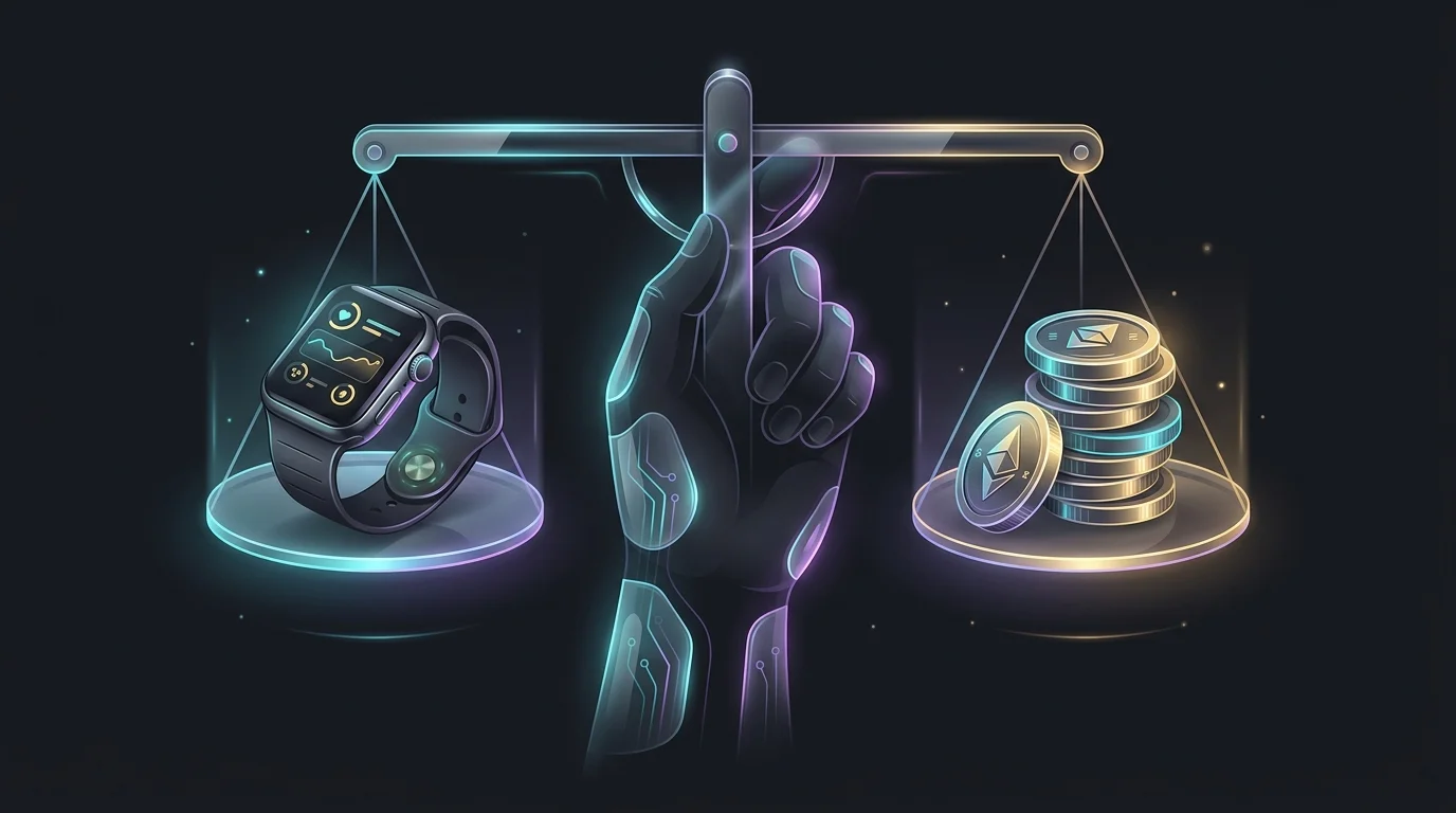 Hand balancing a smartwatch against coins to illustrate the cost-benefit ratio of embedded insurance.
