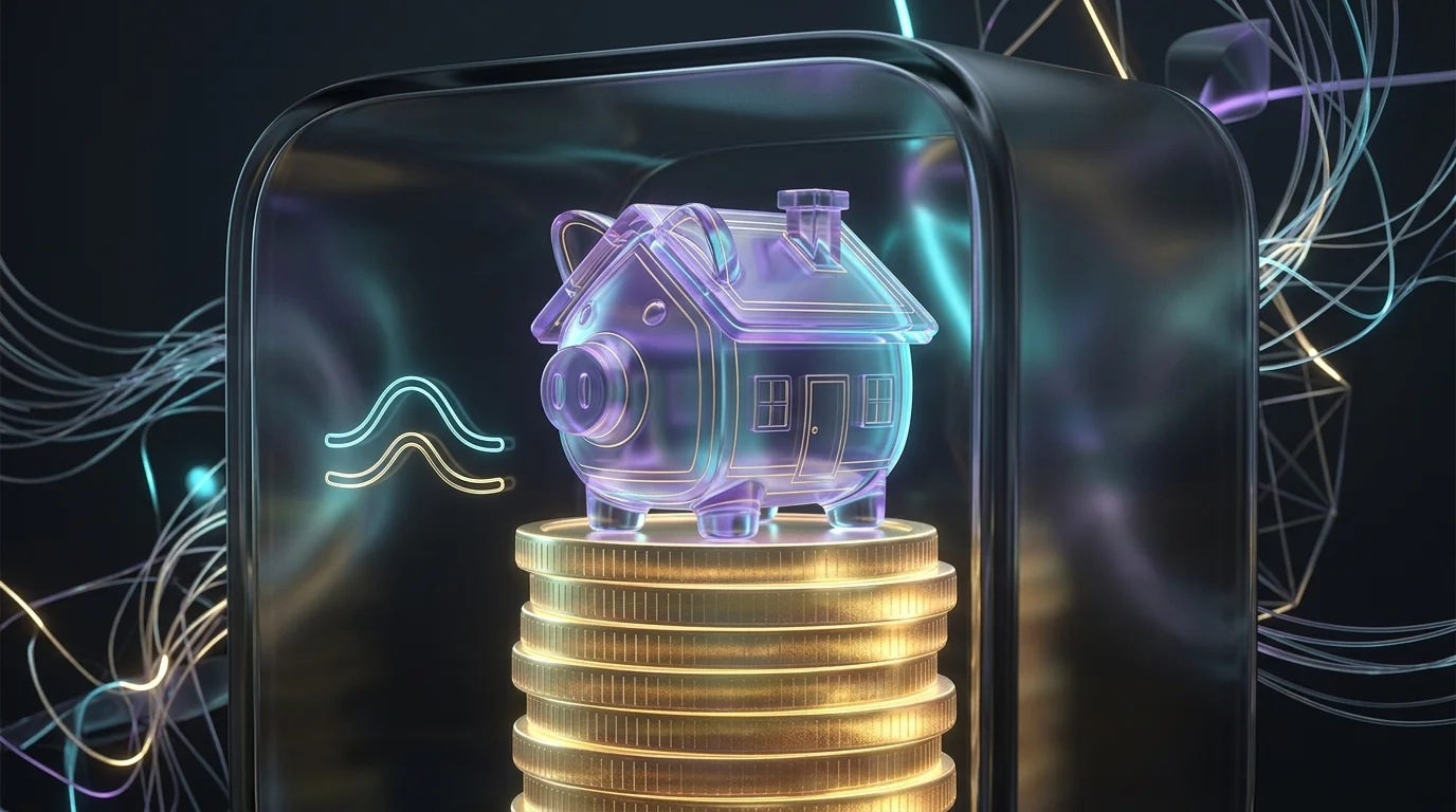 House-shaped piggy bank on gold coins inside a vault, representing a dedicated climate resilience fund.
