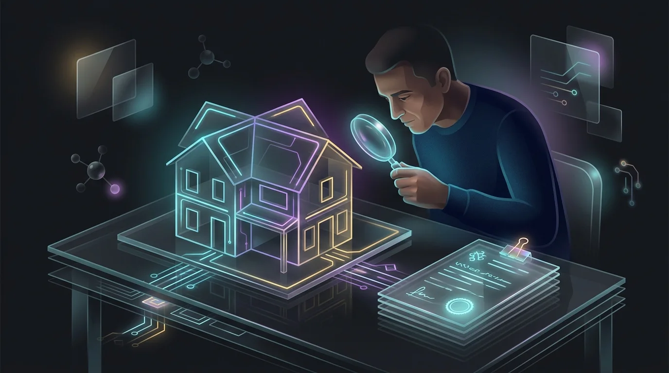 Homeowner reviewing insurance documents while inspecting a house model to ensure adequate climate change coverage.