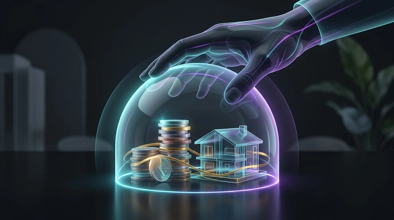 Protective glass dome shielding coins and a house model to ensure financial security against climate change impacts.