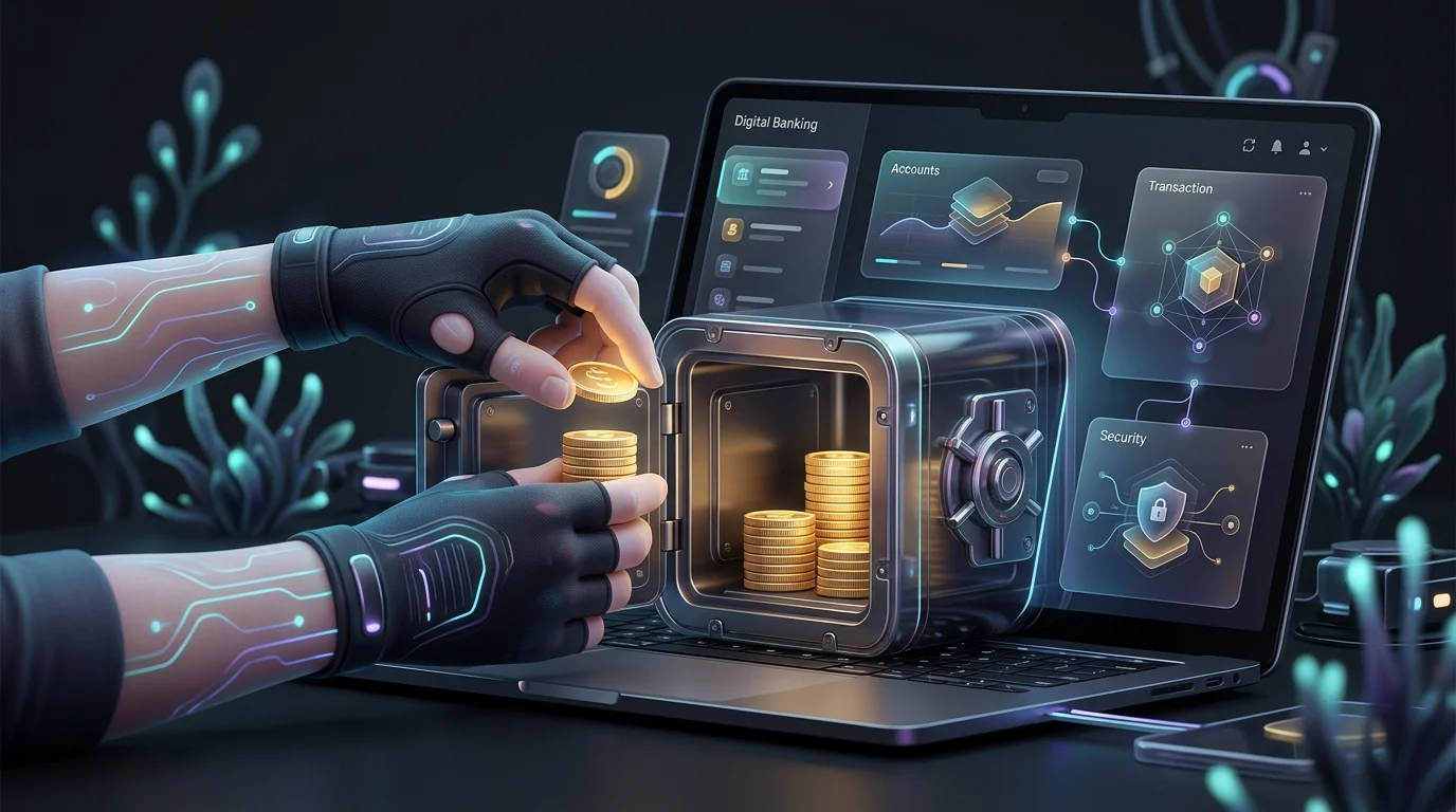 Person stacking gold coins into a vault on a digital banking dashboard to grow their professional emergency fund.