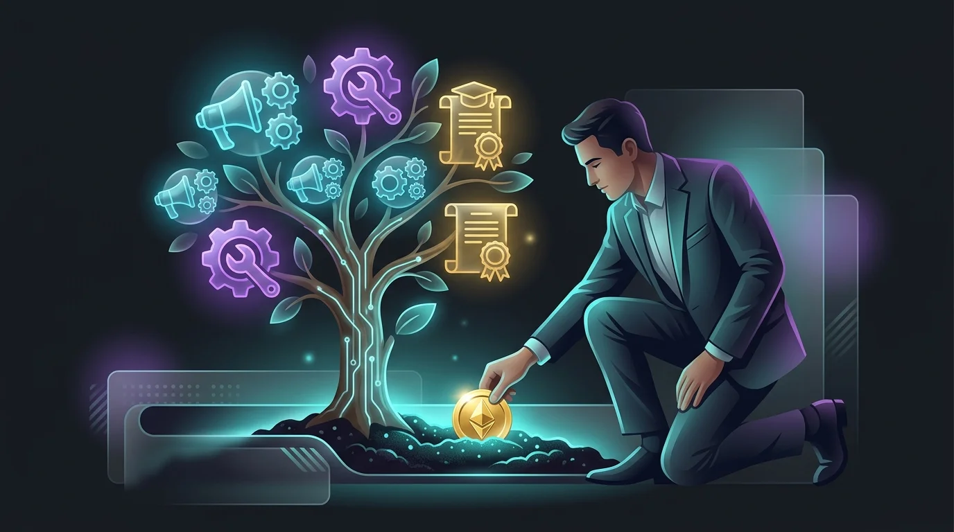 Business owner planting coins to grow a tree with marketing and professional development icons for financial growth.