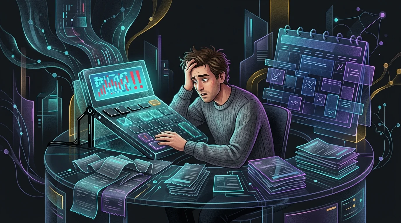 Stressed freelancer calculating quarterly taxes amidst scattered receipts and a busy calendar.