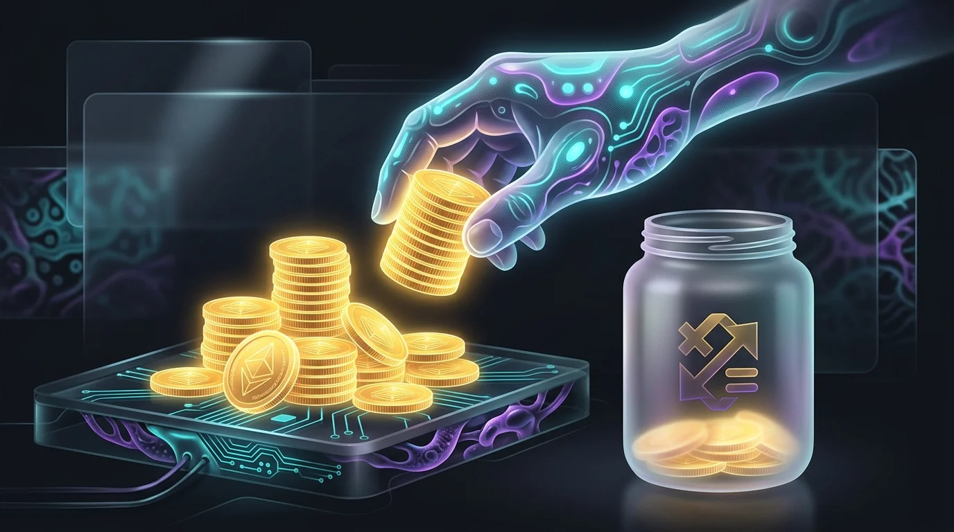 Hand placing gold coins into a separate jar labeled for quarterly taxes to manage freelancer savings.