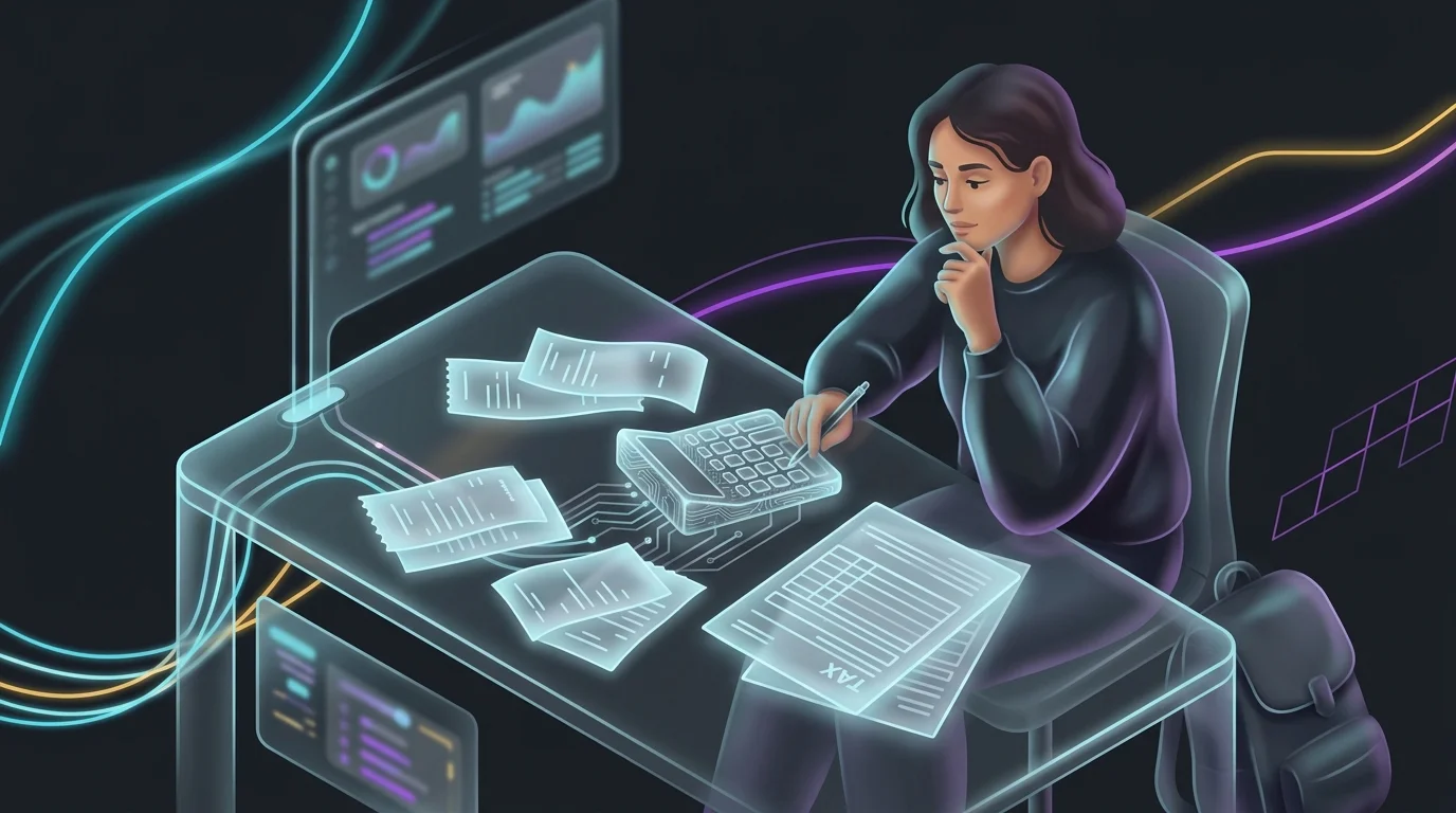 Freelancer calculating quarterly taxes with receipts and tax forms at a desk.