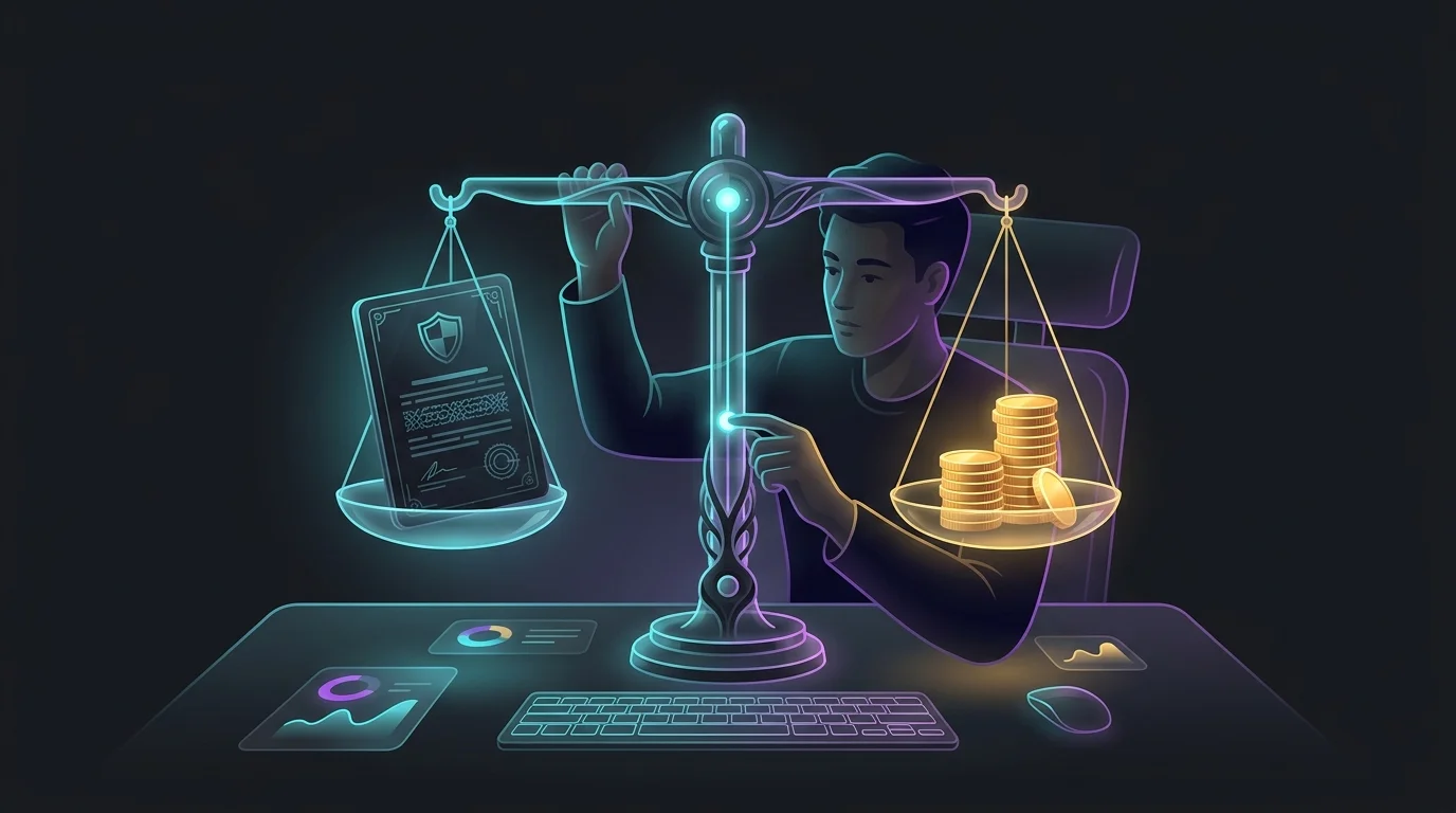 Freelancer balancing a fixed-premium health insurance document and gold coins to manage irregular income.