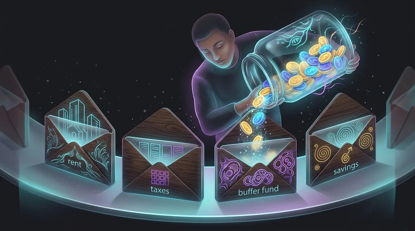 Person allocating coins into labeled envelopes to manage irregular income with a zero-based budget.