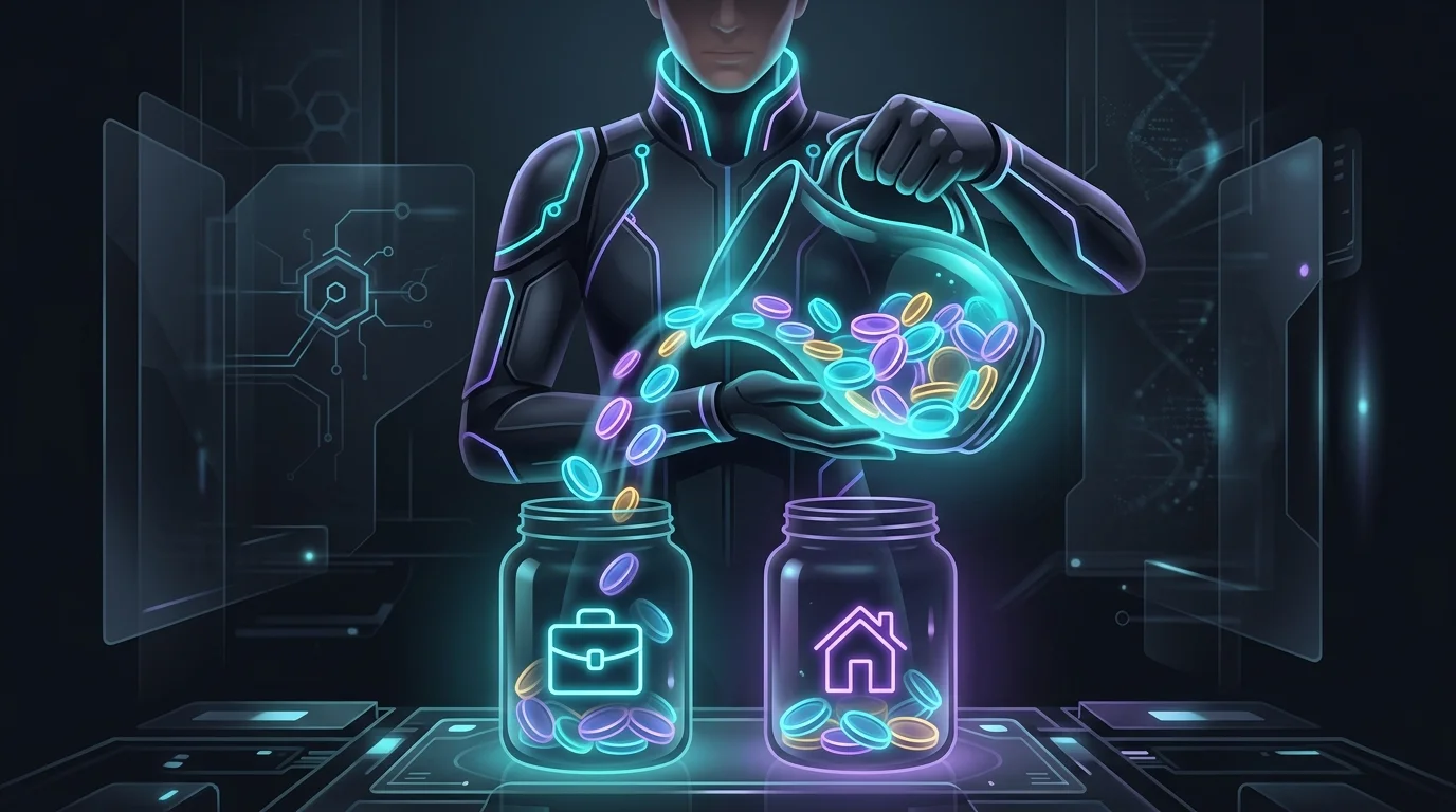 Real estate agent pouring coins into separate business and personal finance jars to manage commission income.