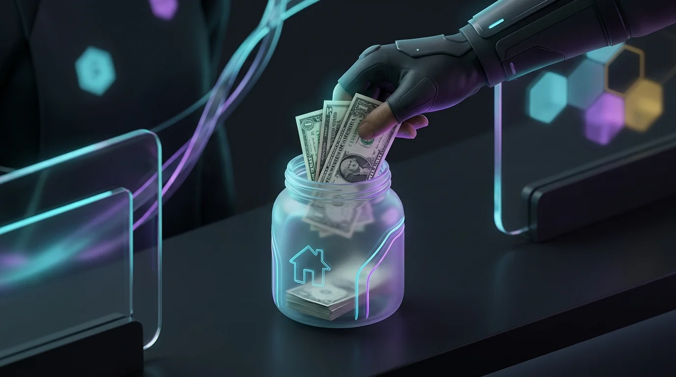 Server placing cash tips into a labeled jar to build an emergency fund for financial stability.
