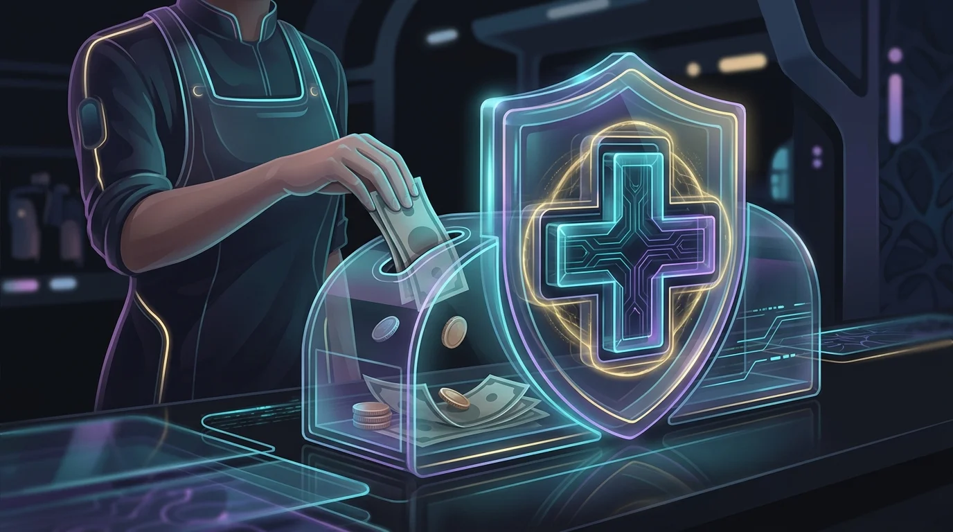 Server placing cash into a container with a medical symbol to represent health insurance for tipped workers.