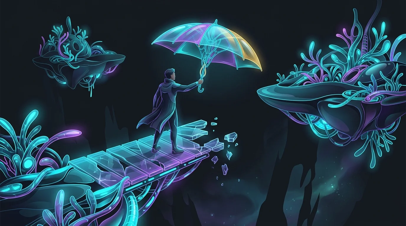 Person holding an umbrella to bridge a gap between floating islands to represent continuous seasonal health coverage.