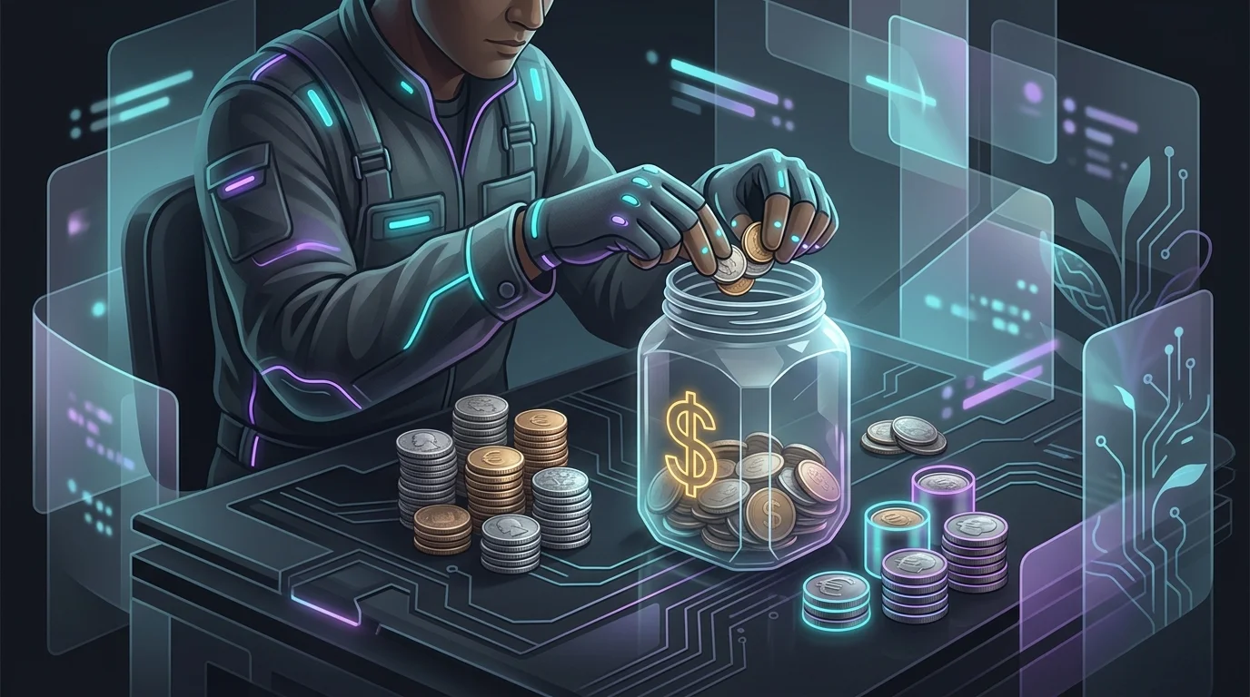 Seasonal worker sorting coins into a tax savings jar to prepare for estimated annual tax payments.