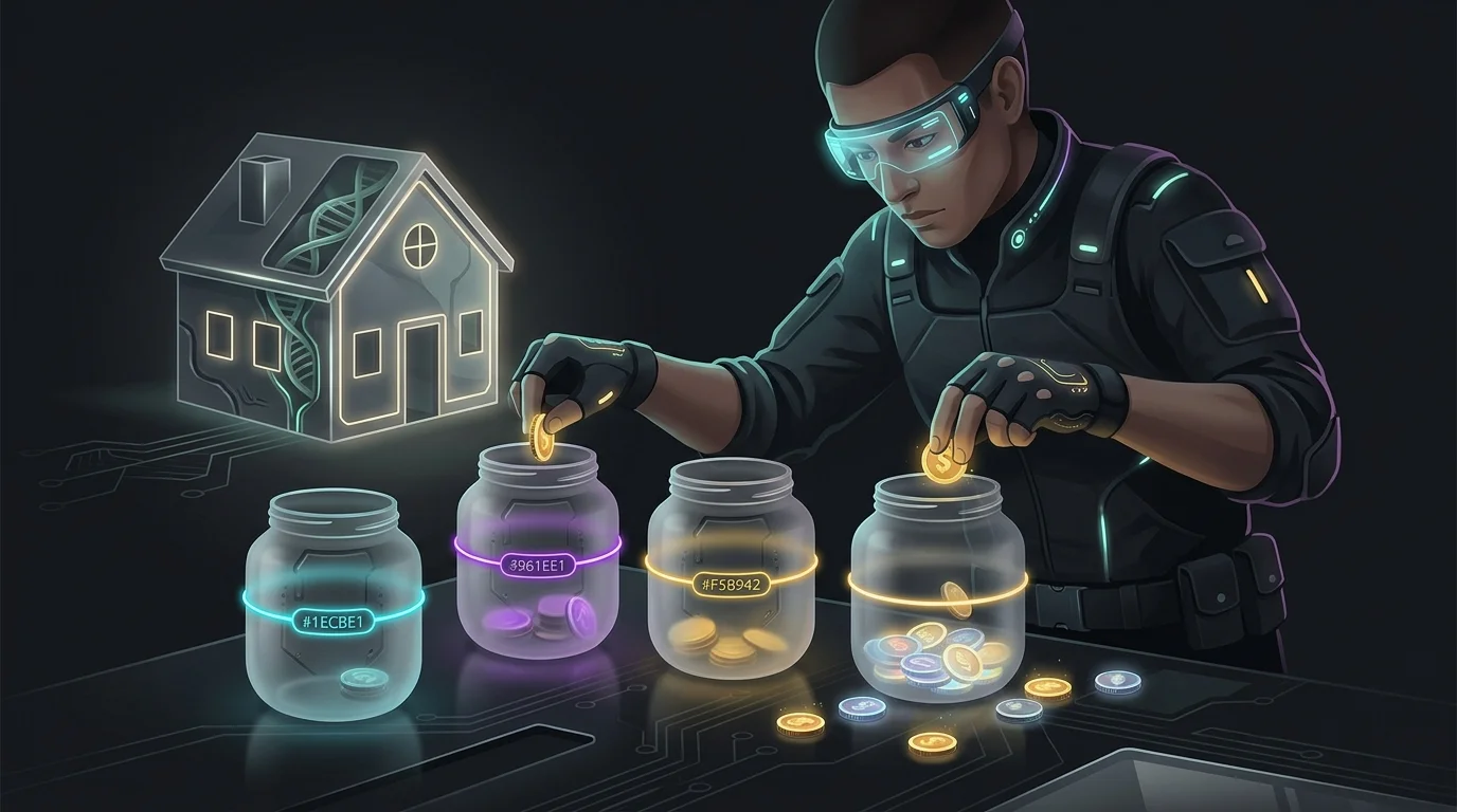 Person sorting coins into labeled jars to build a financial portfolio for future care needs.