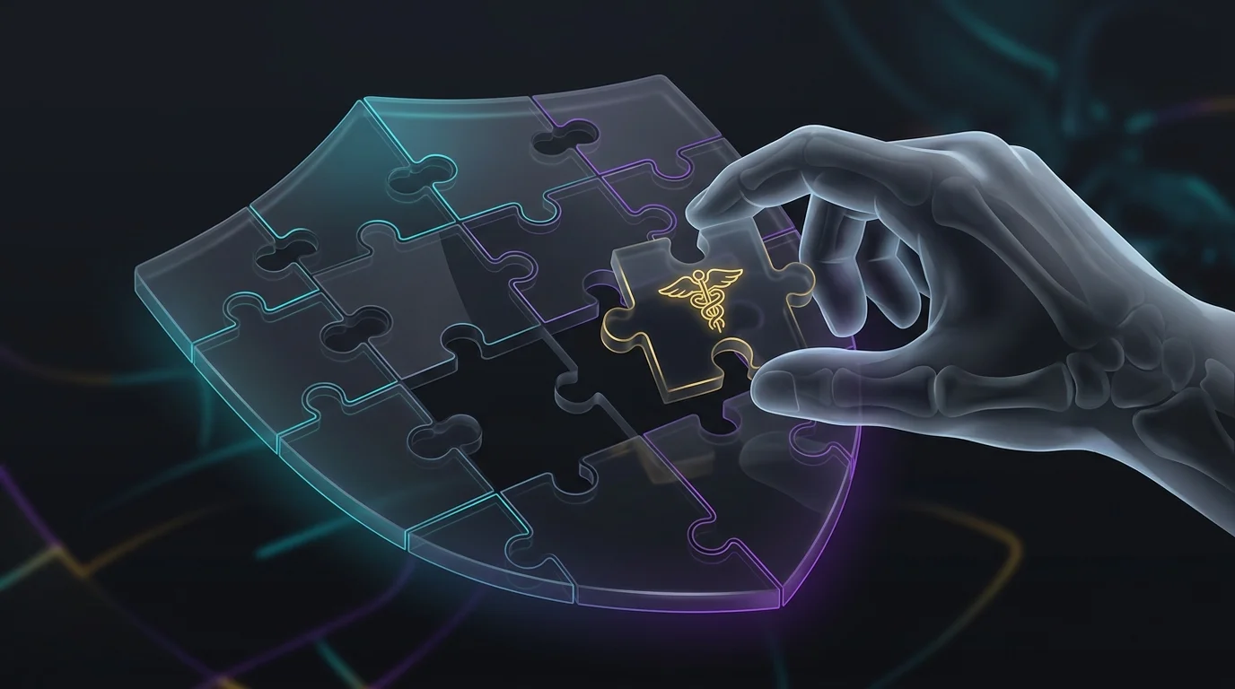 Hand placing a medical puzzle piece into a shield-shaped jigsaw puzzle to strengthen your long-term care insurance plan.