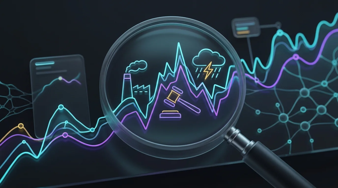 Magnifying glass over a stock chart showing how policy, tech, and weather impact climate risk in investment portfolios.