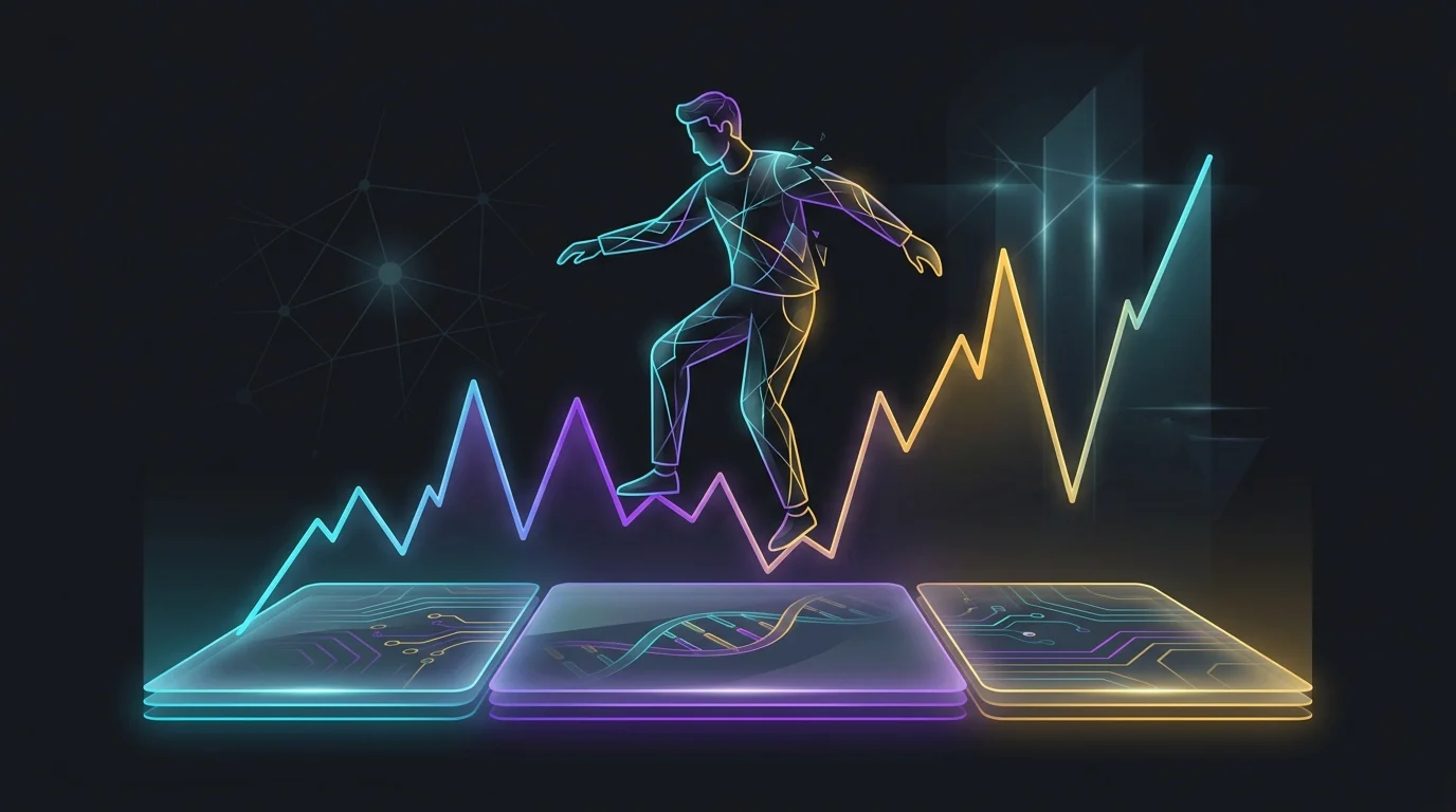 Person balancing on a jagged income graph above a stable platform representing fixed costs in creator financial planning.