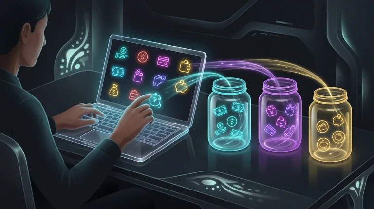 Person using a laptop to organize personal finance icons into digital jars for effective budgeting.
