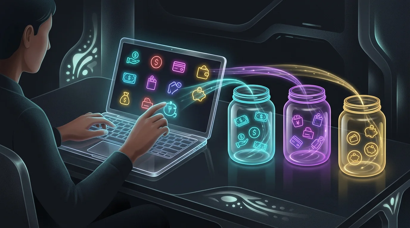 Person using a laptop to organize personal finance icons into digital jars for effective budgeting.