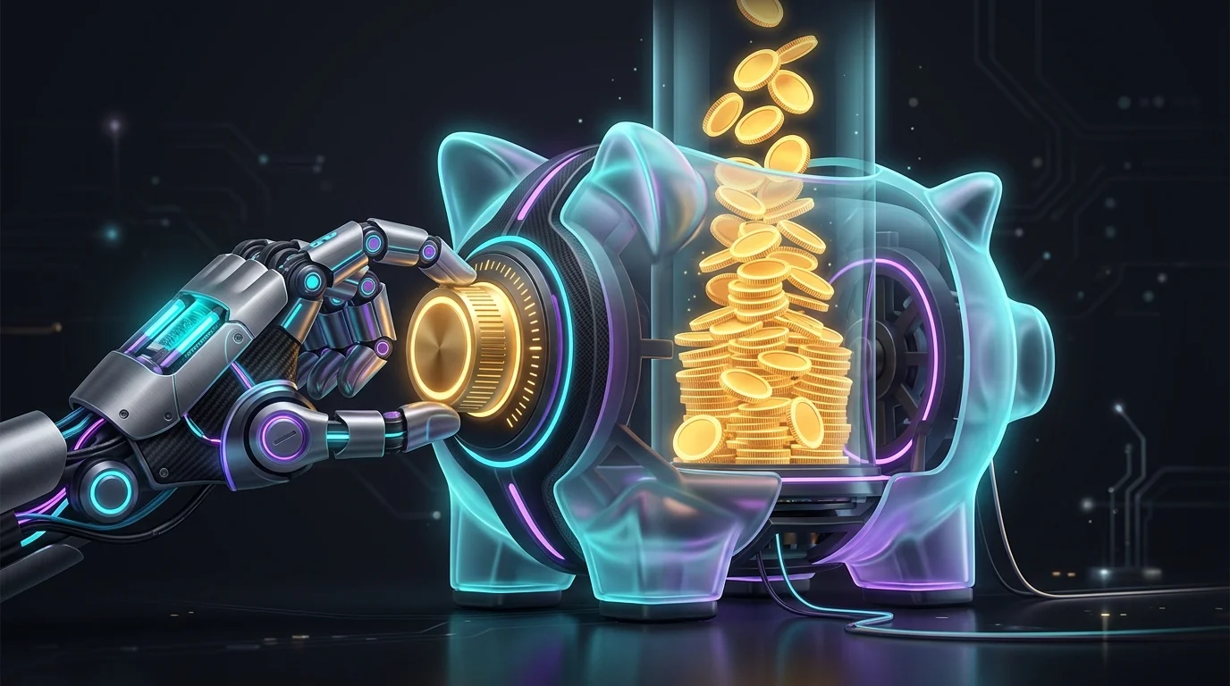 Mechanical hand automating coin deposits into a growing piggy bank to boost retirement contribution strategy.