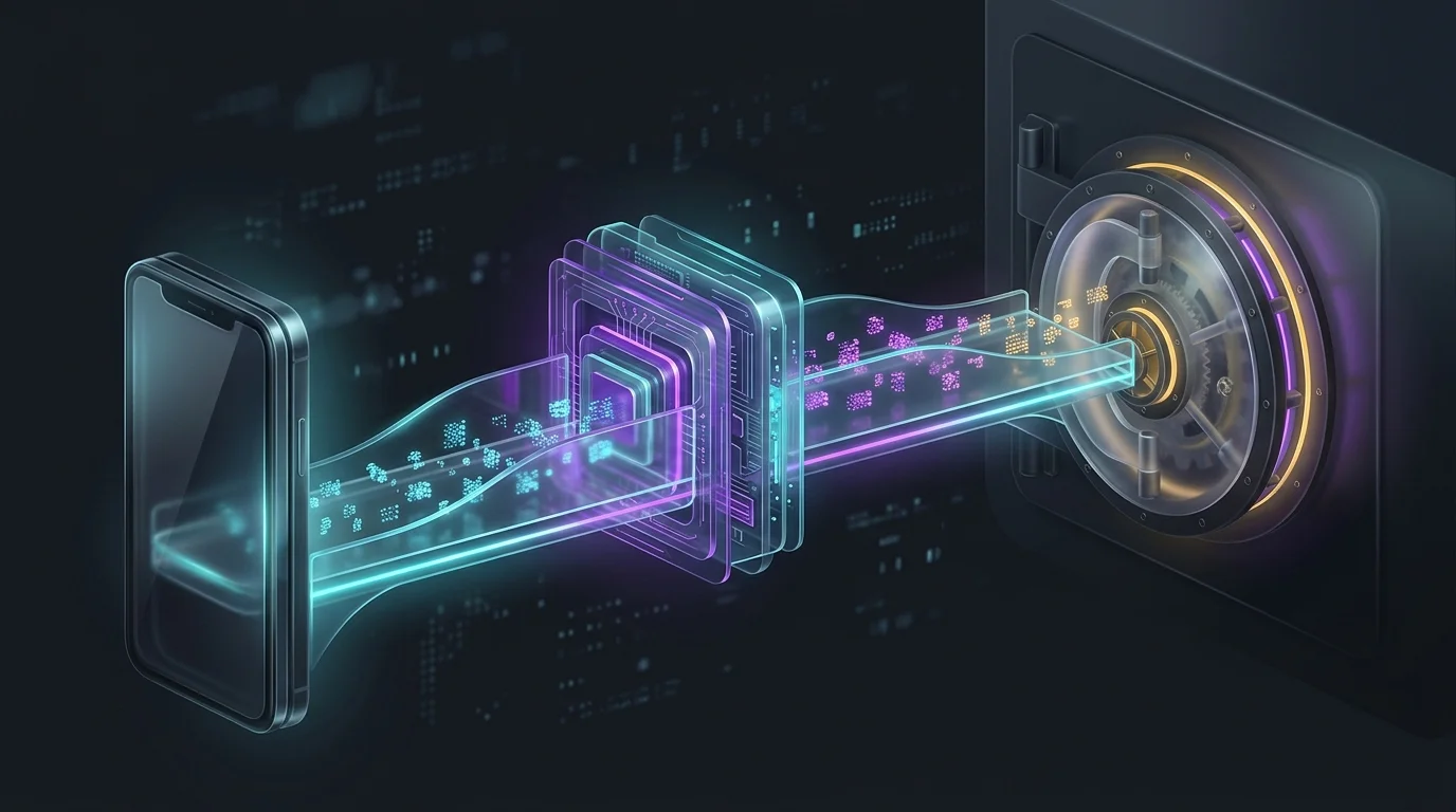 Data packets flowing from a smartphone to a bank vault through a secure intermediary gateway for budgeting app safety.