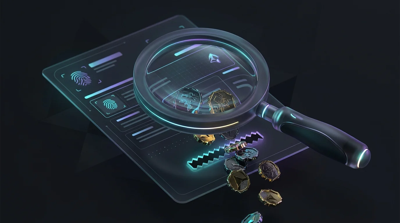 Magnifying glass over a bank statement showing coins leaking out to represent high-yield savings hidden fees.