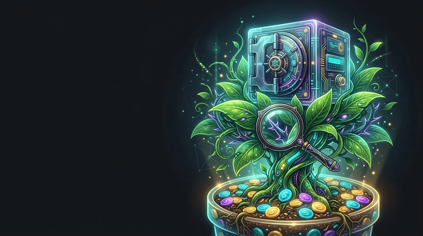Magnifying glass inspecting a plant growing from coins to find hidden fees in a high-yield savings account.