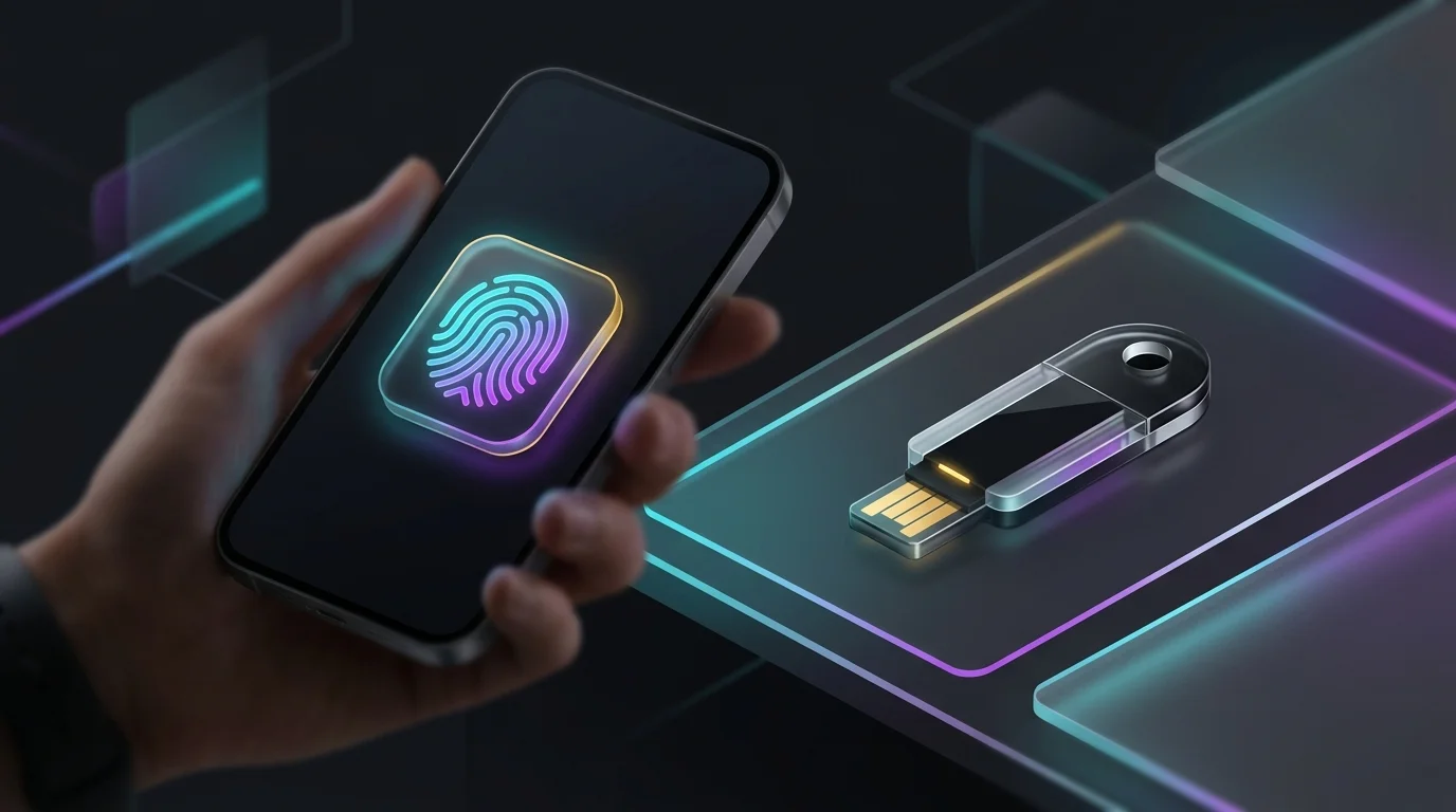 Smartphone displaying a biometric fingerprint scanner and a physical security key for investment app authentication.