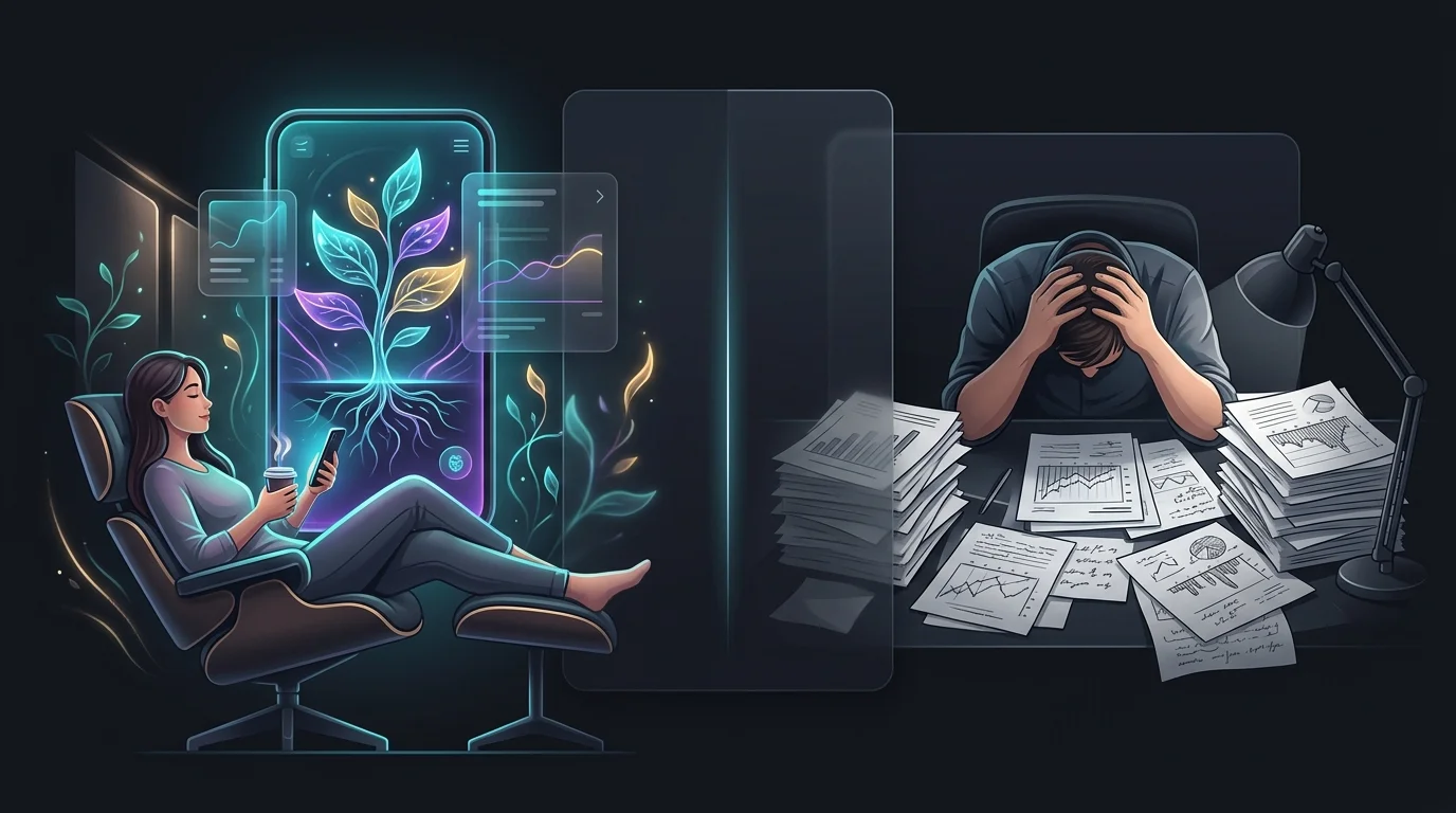 Split screen comparing a relaxed investor using a robo-advisor app to a DIY investor researching complex market charts.