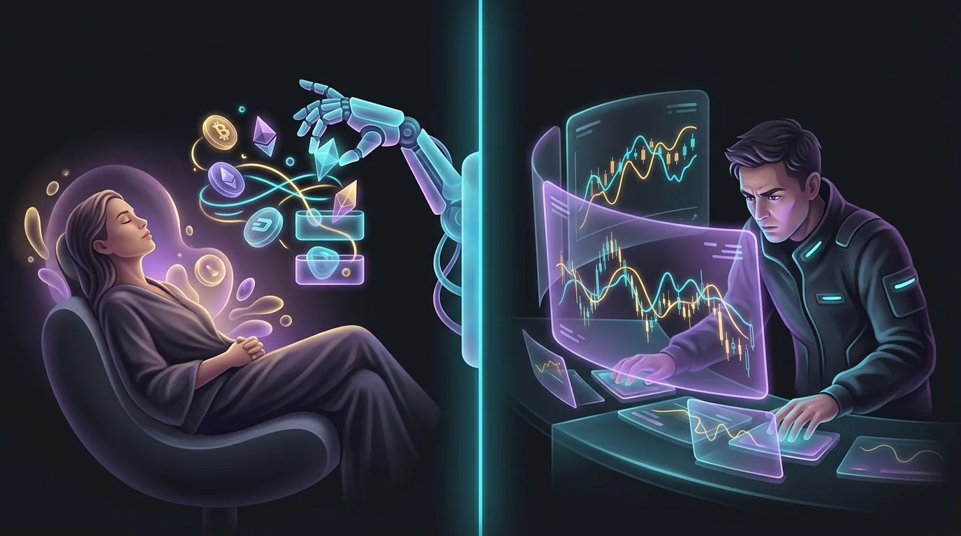 Split screen comparing automated robo-advisor portfolio management with hands-on DIY investing research.