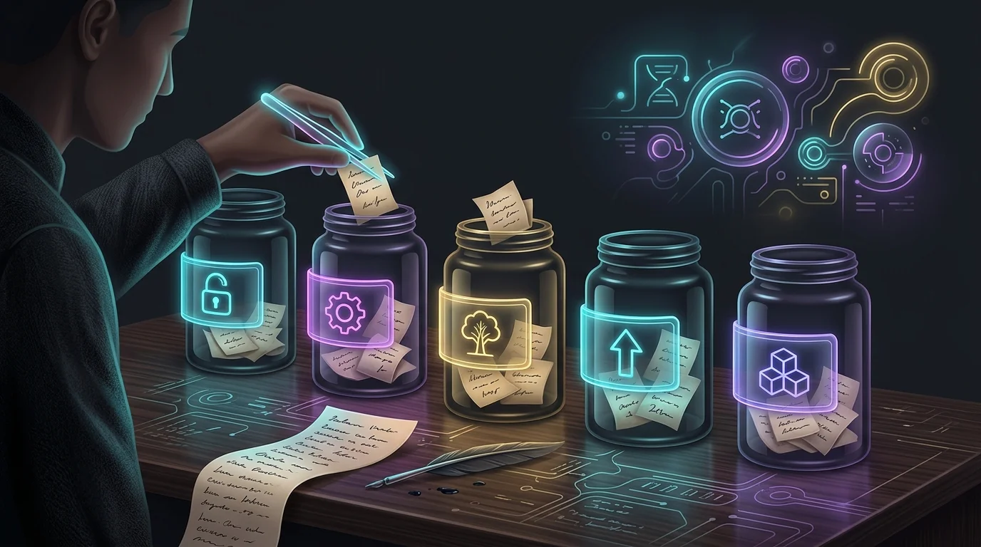 Person categorizing handwritten financial transactions into labeled jars for a precise 50/30/20 budget tracking method.