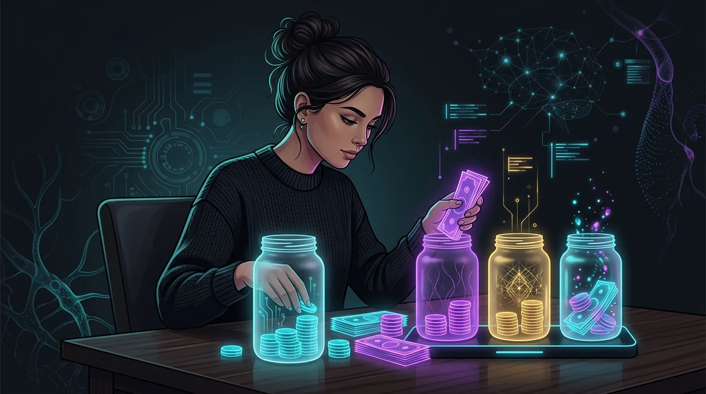 Woman organizing cash into labeled jars to manage personal finances and debt under the 50/30/20 budget rule.