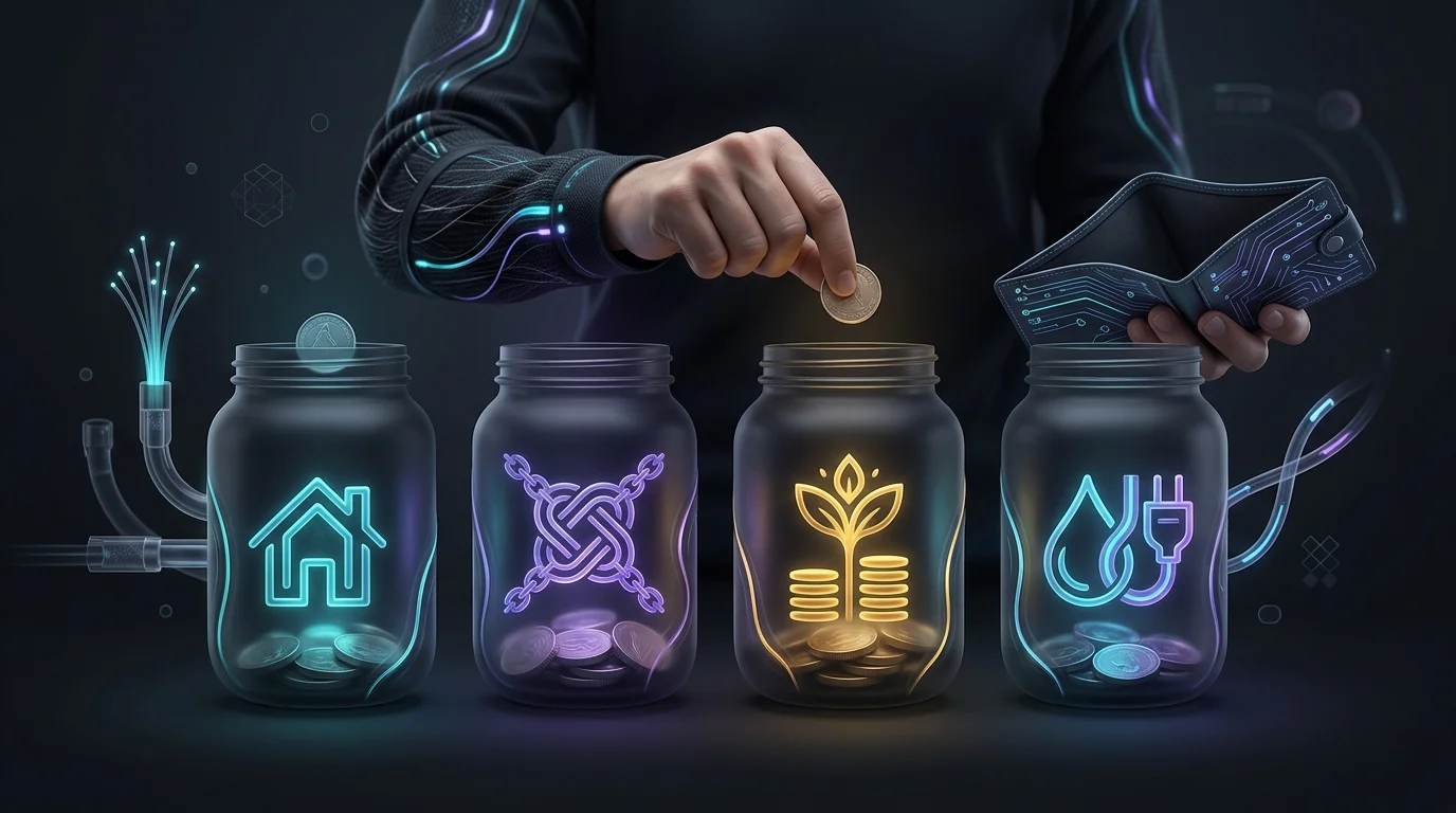 Person assigning money to labeled jars for a zero-based budget until their wallet is empty.