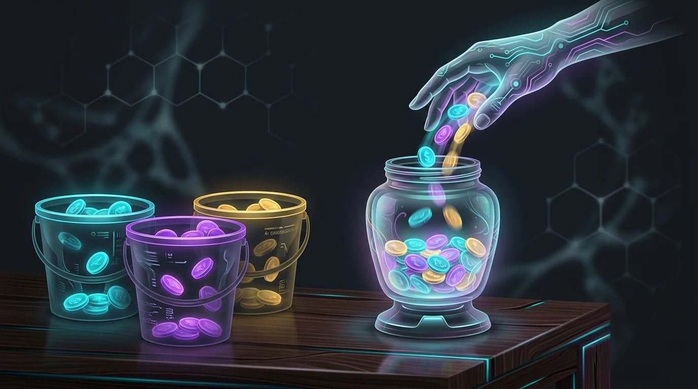 Hands pouring coins from three buckets into a glass jar to diversify a FIRE investment strategy.
