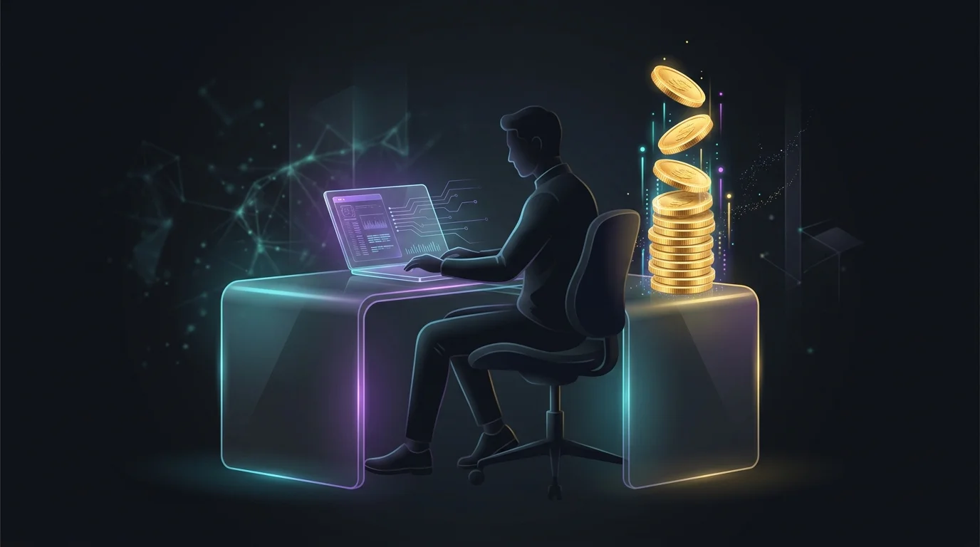 Person using a laptop to earn extra income for their FIRE investment strategy with a growing stack of gold coins.