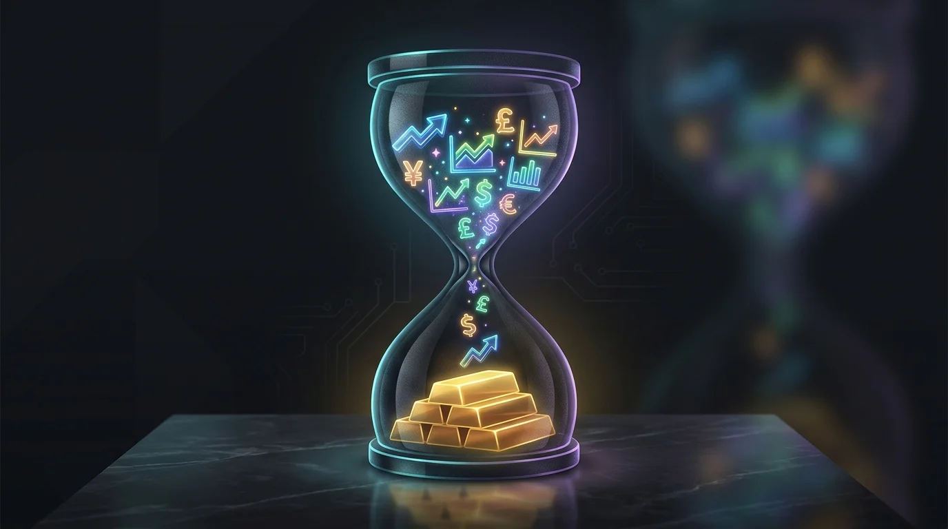 Hourglass showing colorful stocks transitioning into stable gold bonds for a balanced FIRE asset allocation strategy.
