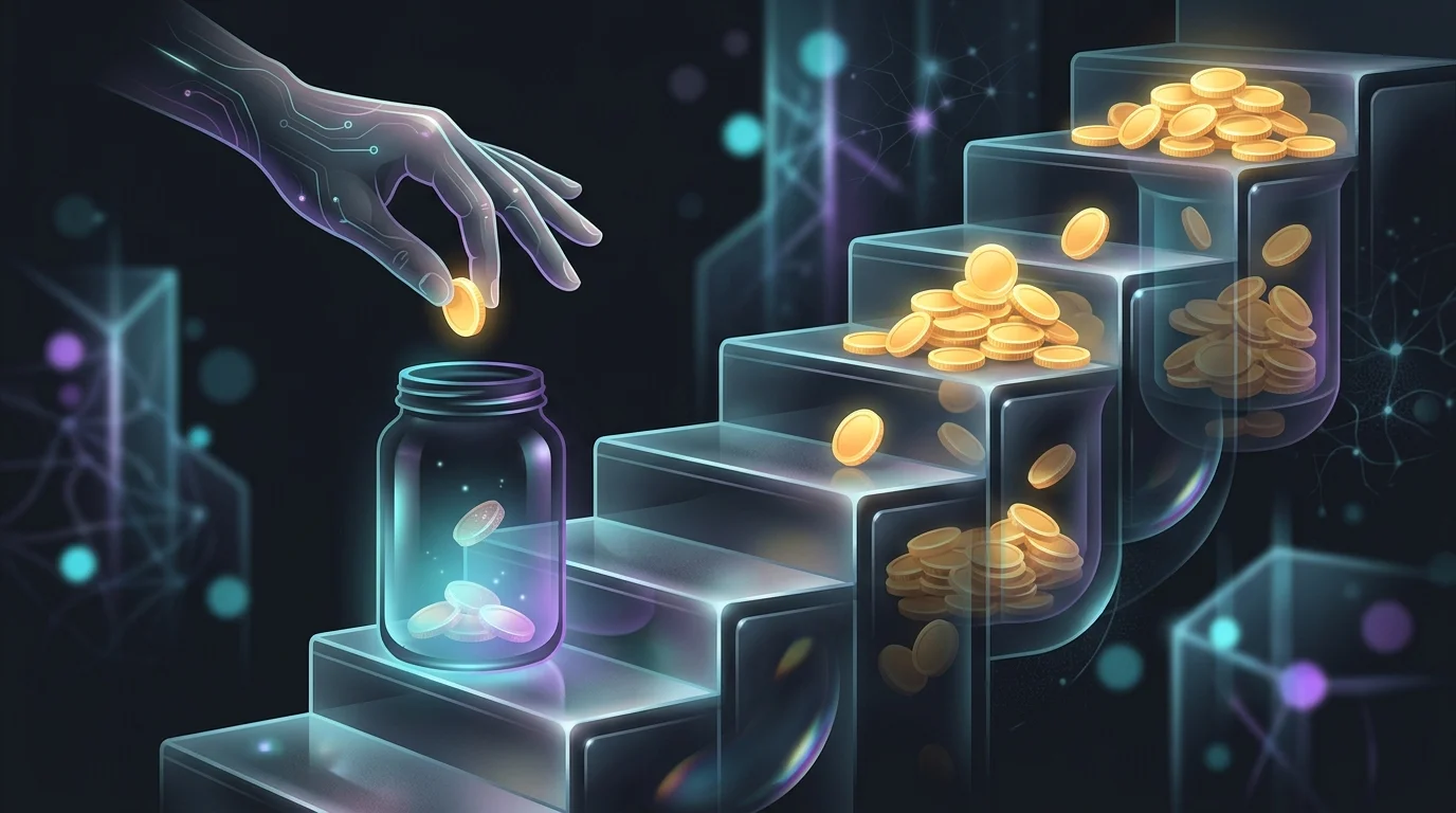 Hand adding a coin to a jar on a staircase of increasing coin piles to represent systematic emergency fund growth.